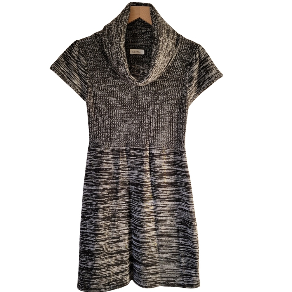 Calvin Klein Cowl Neck Marled Black/Grey Short Sleeve Midi Sweater Dress Size M